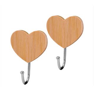 Hook Set, Self Adhesive Tape, Heart Shaped, Bamboo/Chrome Plated, 2 Pieces